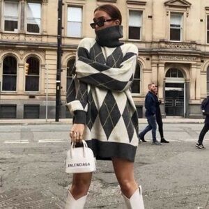 Pringle of Scotland x H&M Argyle Oversized Turtleneck Sweater Grey Cream Small